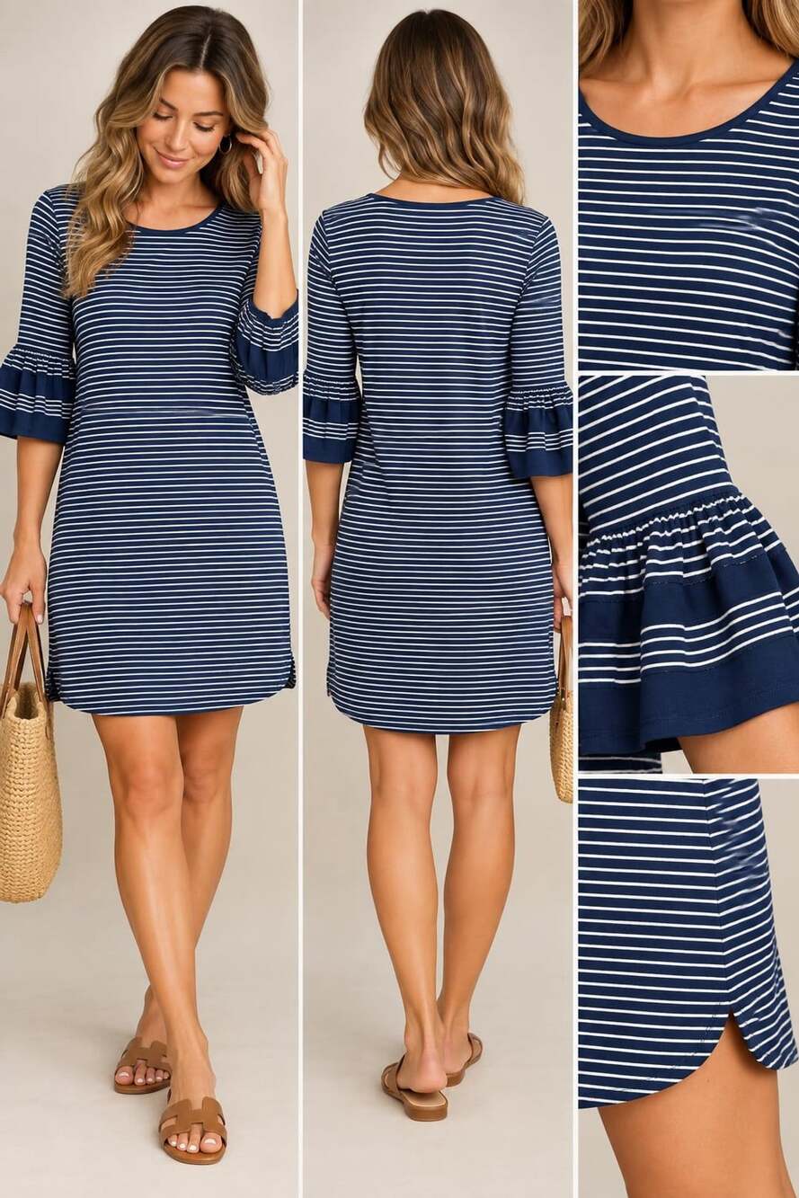 Max Studio Navy Blue White Striped Bell Sleeve Dress Size XL